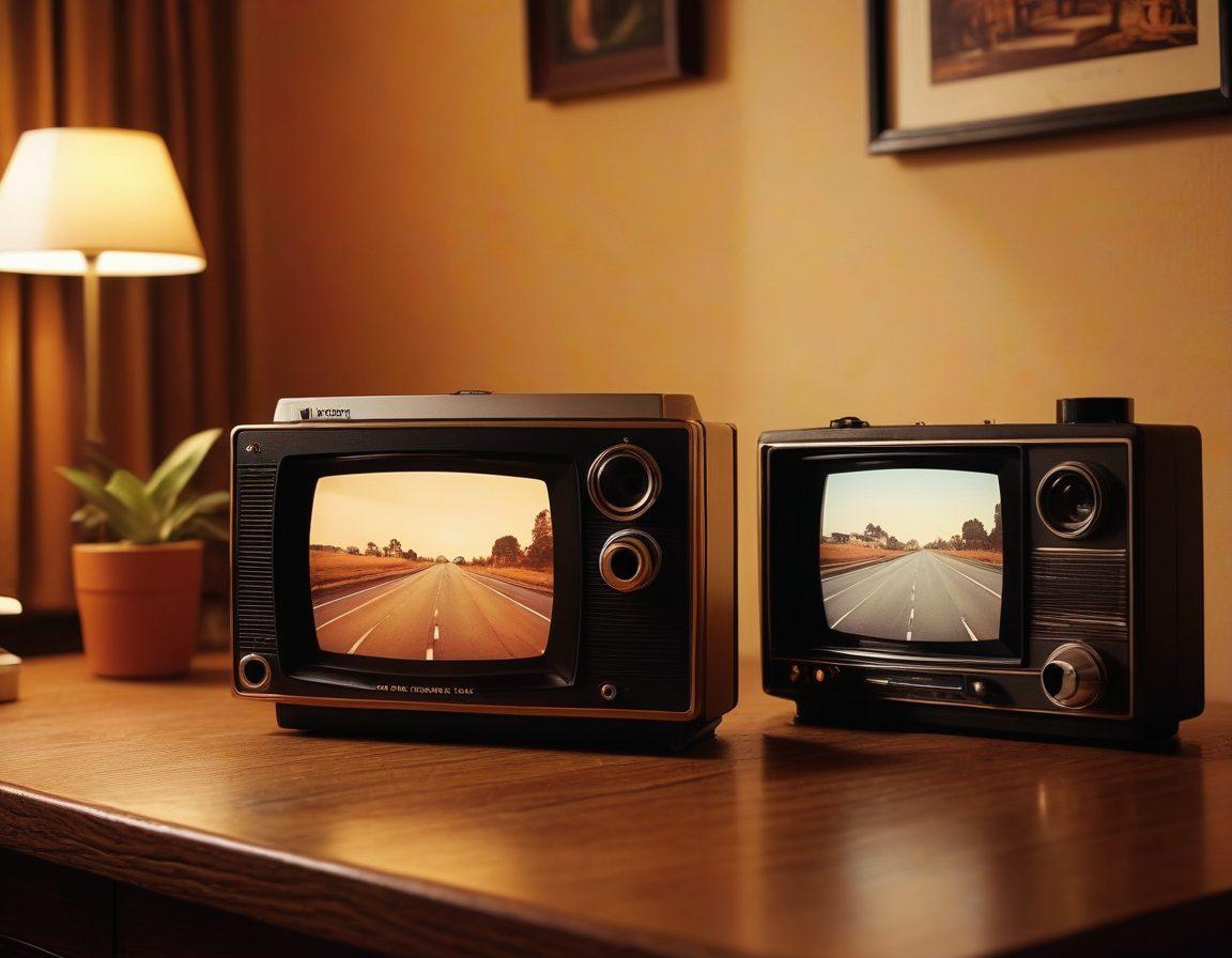 A split-screen image showing a vintage 1970s voyeuristic video diary on one side, with grainy footage of a private moment, and a modern, sleek digital device streaming intimate vlogs on the other, representing evolution. Soft lighting and shadows to evoke a sense of intimacy. Incorporate elements of nostalgia and technology. super-realistic. warm tones.