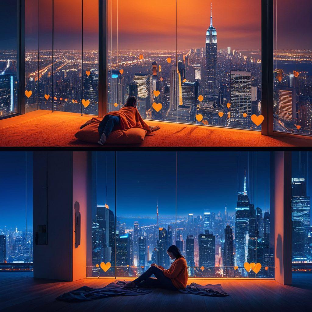 A visually striking split-image representing the contrast between privacy and passion. On one side, a person in a cozy, dimly-lit room enjoying streaming content, shaded in soft hues, symbolizing comfort and intimacy. On the other side, a bustling cityscape with digital locks and shadows, representing the quest for privacy in the digital age. An overlay of abstract symbols for data privacy and passion, such as hearts and padlocks, connects both worlds. surrealistic, vibrant colors, high contrast.
