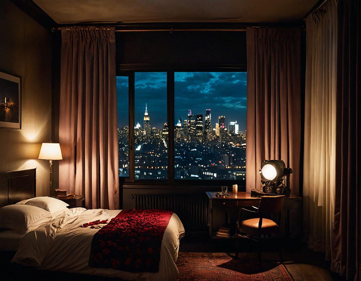 A dimly lit room with a vintage film projector casting soft light on a wall filled with images from voyeuristic art. A pair of open curtains reveals an intriguing city skyline at dusk, creating a contrast of privacy and openness. Include subtle symbols of passion, like a rose and a heart, blended into the shadows. The scene should evoke curiosity and mystery, capturing the essence of adult media exploration. moody lighting. cinematic style. rich textures.